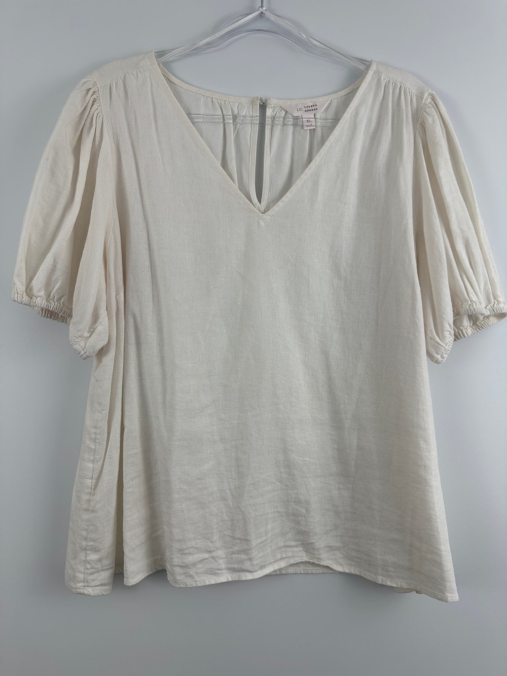 LC Lauren Conrad Cream Linen Blend Puff Sleeve Blouse XL V-Neck Cottagecore Top - Picture 2 of 7